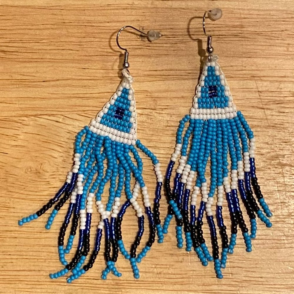 Hand Beaded Blue, White & Black Fringe Earrings